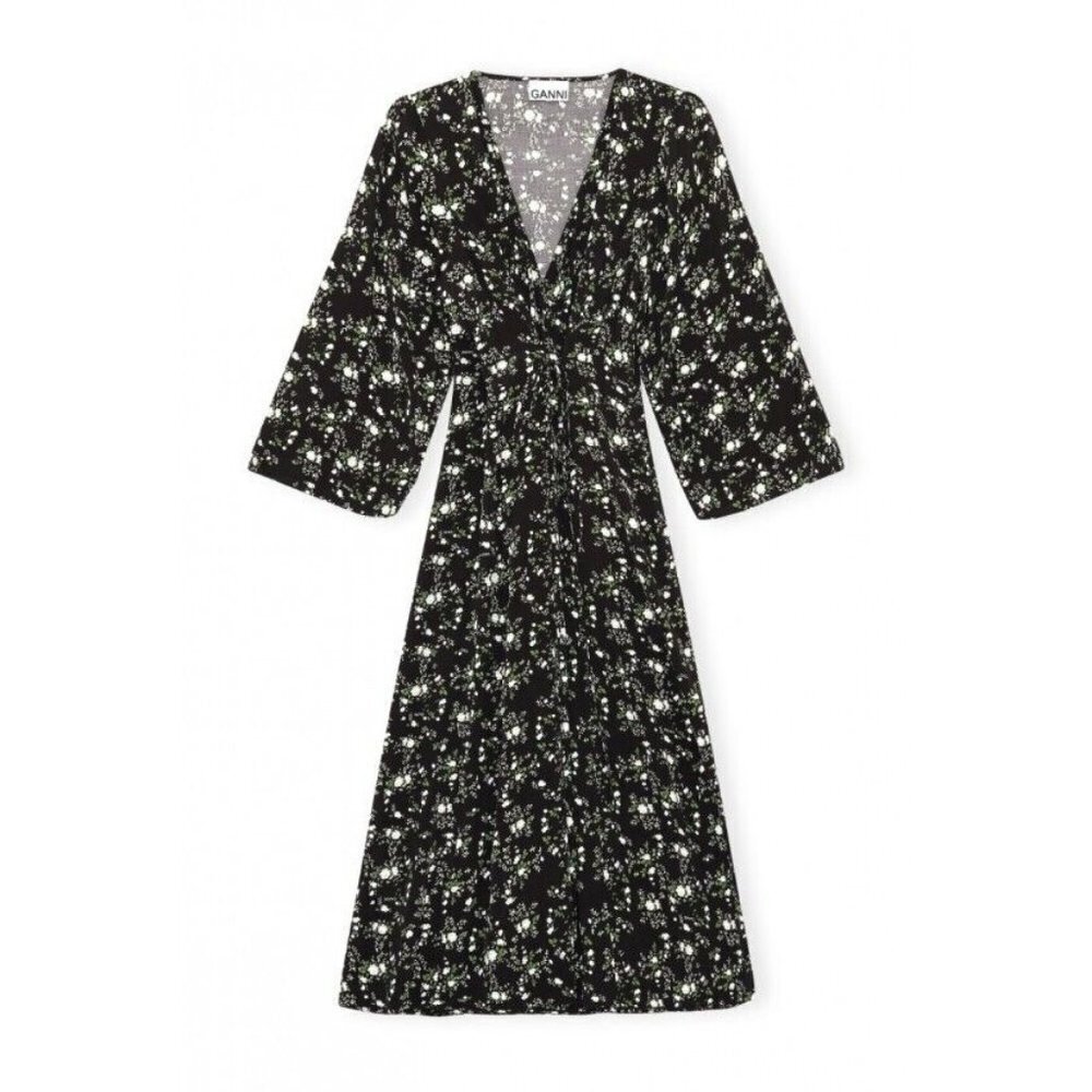 NWT GANNI Floral Printed Crepe Wrap Midi in Phantom Black Dress 34 US 2 $285